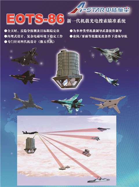 Brochure showcasing Beijing A-Star Science and Technology's EOTS-86 electro-optical targeting system (EOTS) and the EORD-31 infrared search and track (IRST)